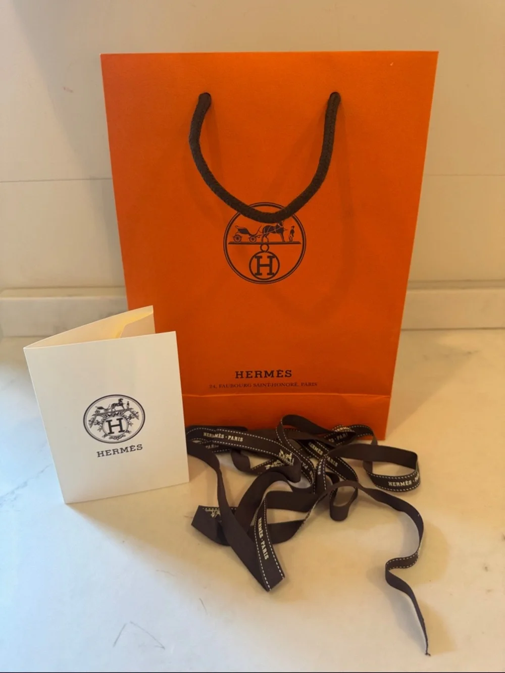 Hermes Orange Gift Bag with Brown ribbon and card 8.5x11.5x3